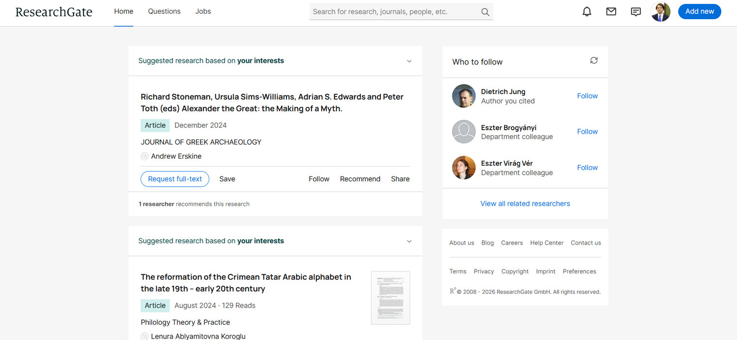 3. ábra. A fejezet szerzőjének kezdőlapja a ResearchGate felületén, bejelentkezés után. (Forrás: https://www.researchgate.net/ – elérve: 2026. 08. 12.)