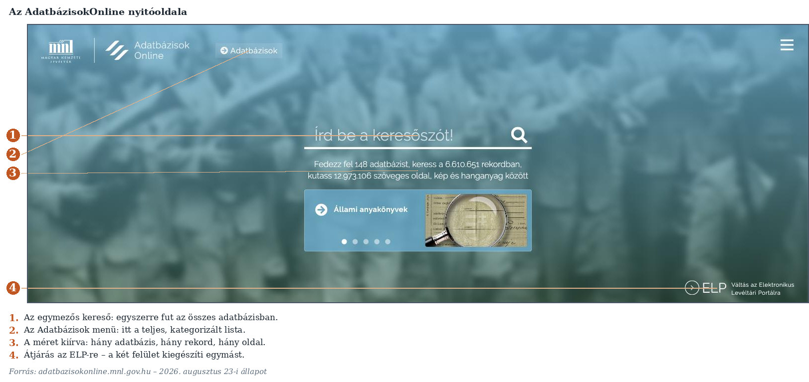 1. ábra. Az AdatbázisokOnline nyitóoldala. (Képernyőkép, 2026. 08. 23.)