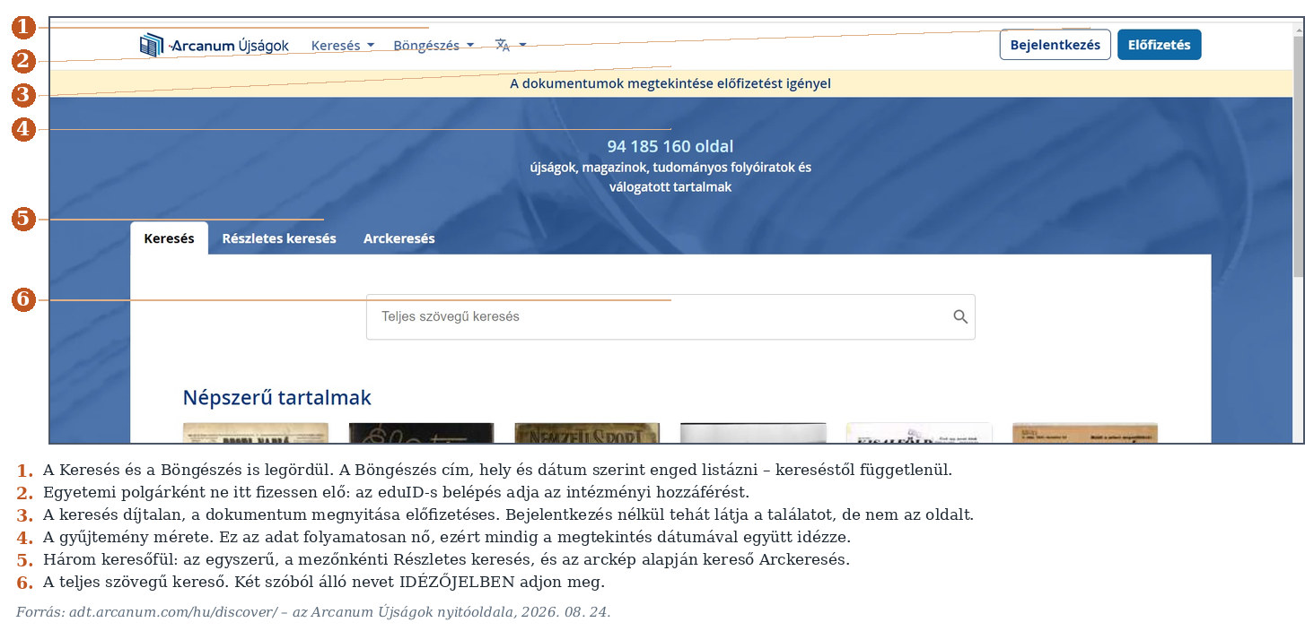1. ábra. Az Arcanum Újságok nyitóoldala.