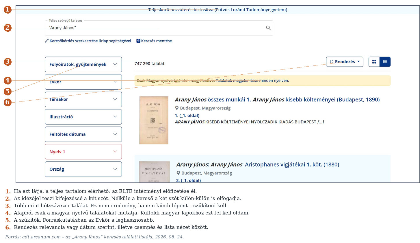 2. ábra. Az „Arany János” keresés találati listája.