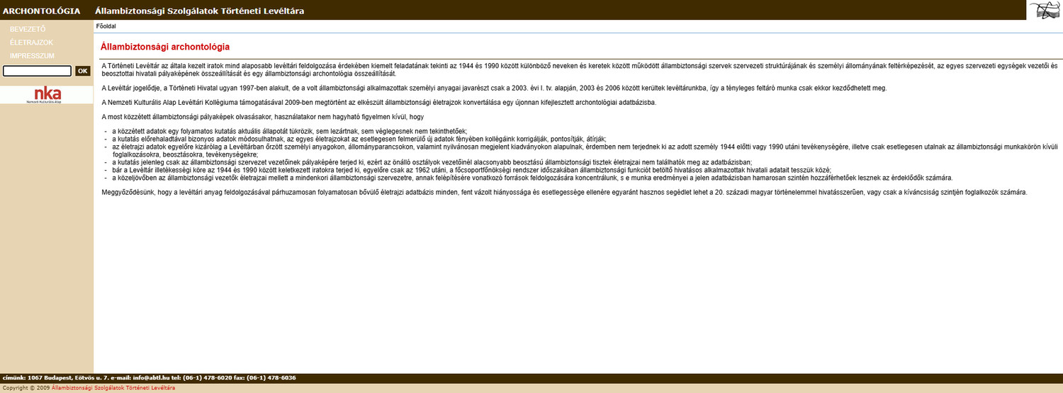 1. ábra. Az Állambiztonsági archontológia kezdőoldala. (Forrás: https://www.abtl.hu/ords/archontologia/f?p=108:1 – elérve: 2026. 06. 04.)