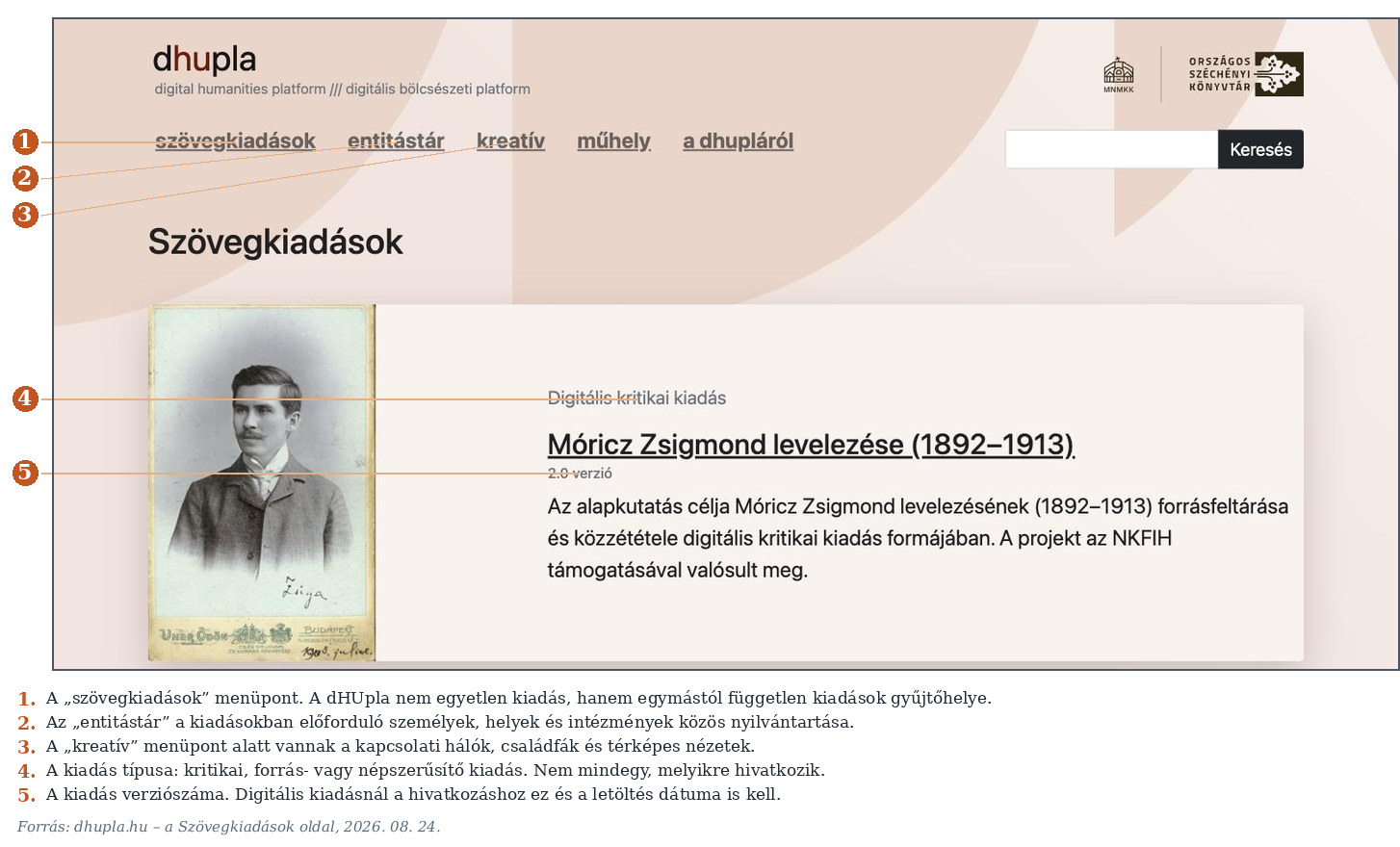 2. ábra. A dHUpla Szövegkiadások oldala. Minden kiadásnál ott áll a típusa és – ahol van – a verziószáma. (Képernyőkép, 2026. 08. 24.)