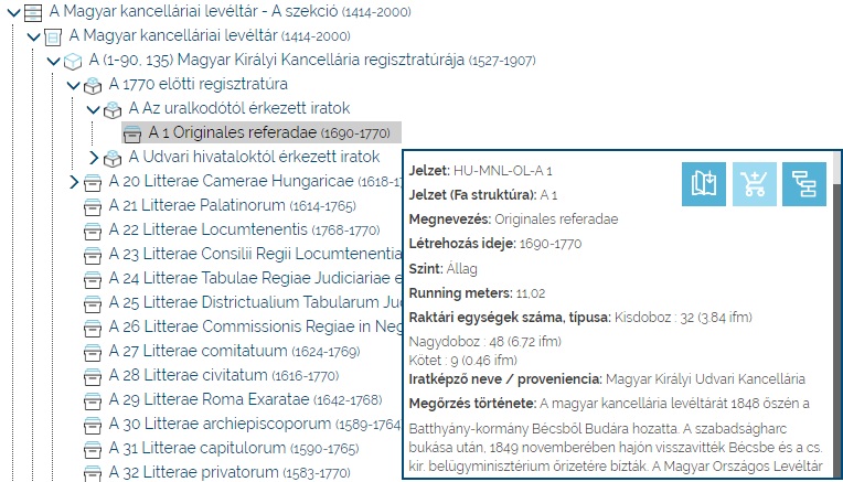 13. ábra. A részletes adatokat tartalmazó felugró ablak és a három műveleti ikon. (Forrás: https://www.eleveltar.hu.)