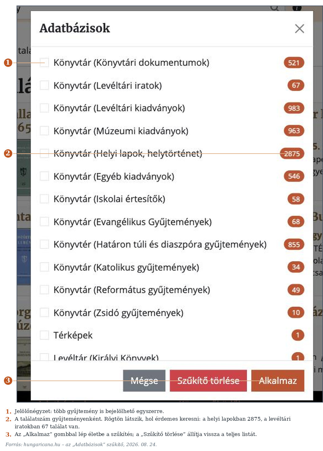 3. ábra. Az „Adatbázisok” szűkítő. A gyűjtemények melletti szám azt mutatja, hány találat esik rájuk – ebből derül ki, hol érdemes tovább keresni. (Képernyőkép, 2026. 08. 24.)