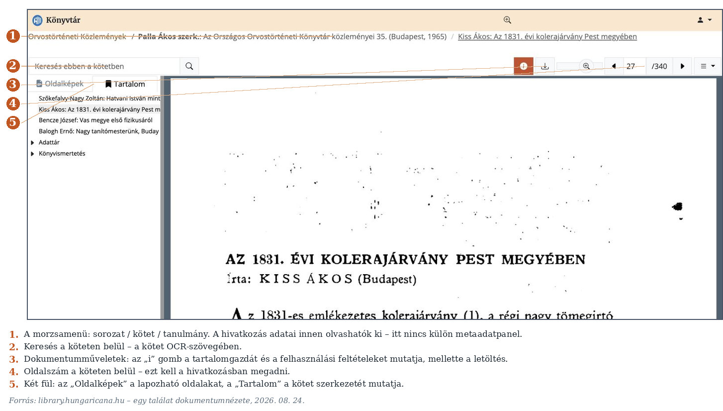 4. ábra. Egy találat dokumentumnézete. A hivatkozás adatai a felső morzsamenüből olvashatók ki: sorozat / kötet / tanulmány, mellette a köteten belüli oldalszám. (Képernyőkép, 2026. 08. 24.)