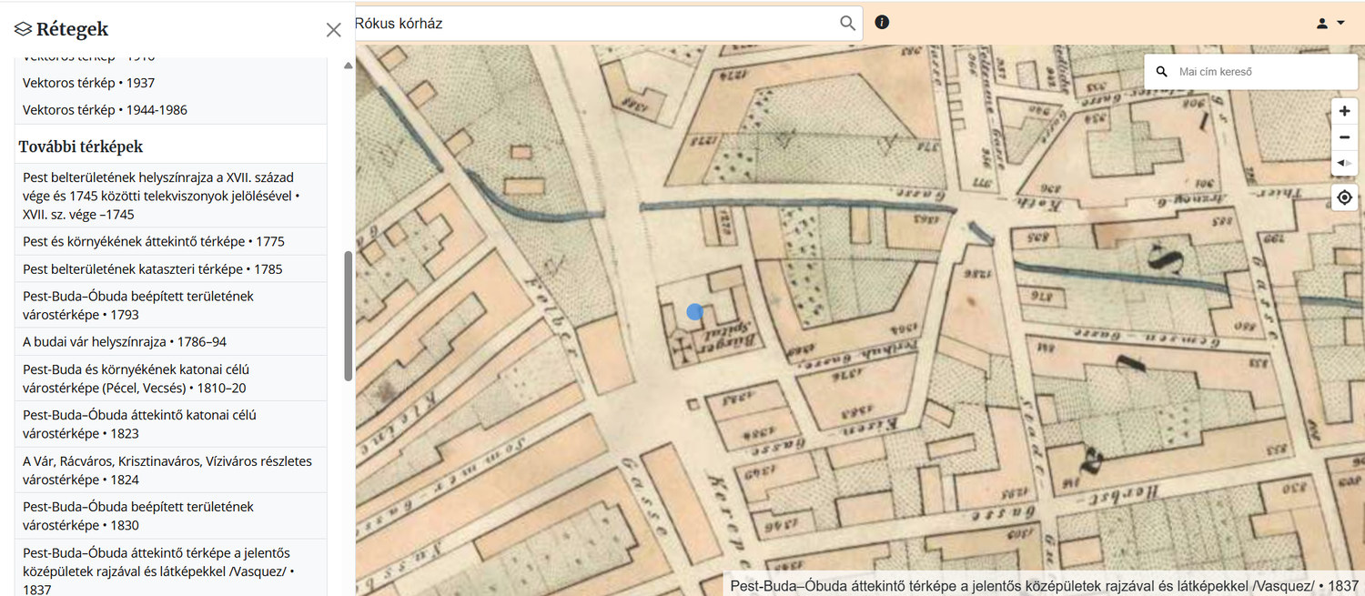 3. ábra. A Rókus Kórház a Budapest Időgépen, 1837. (Forrás: https://www.hungaricana.hu/hu/budapest-idogep/ – elérve: 2026. 08. 09.)