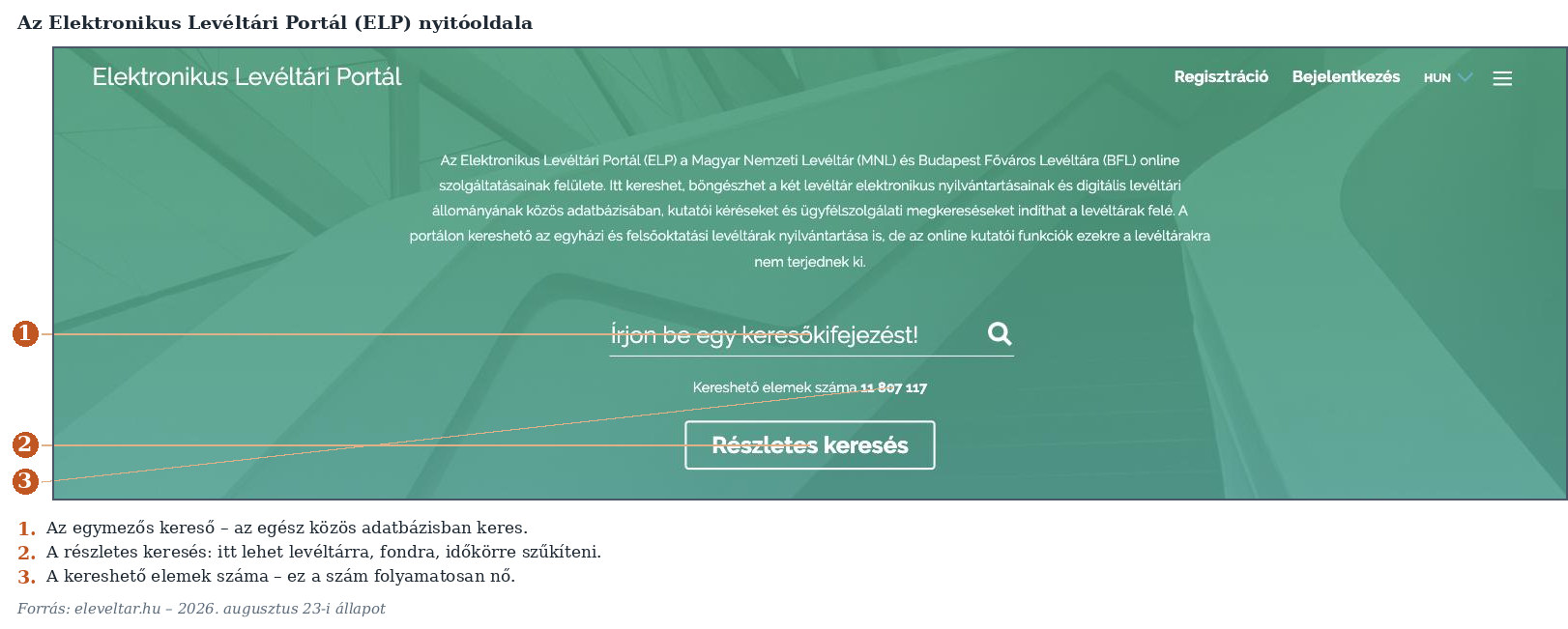 1. ábra. Az Elektronikus Levéltári Portál nyitóoldala. (Képernyőkép, 2026. 08. 23.)