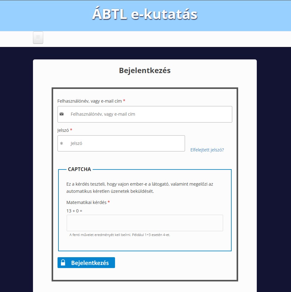 1. ábra. Bejelentkezés az ÁBTL e-kutatás oldalára. A felület egyfaktoros azonosítást használt: felhasználónév, jelszó és CAPTCHA. (Forrás: ÁBTL e-kutatás – a fejezet szerzőjének képernyőképe, elérve: 2026. 09. 02.)