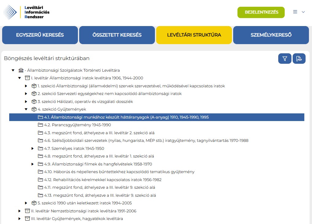 4. ábra. A 4.1. fond a levéltári struktúrában, bejelentkezés nélkül. A fond kiválasztható, de a szintje alatt nincs böngészhető tartalom. (Forrás: LIR – https://lir.abtl.hu/ords/r/abtl/liron/home – a fejezet szerzőjének képernyőképe, elérve: 2026. 09. 02.)
