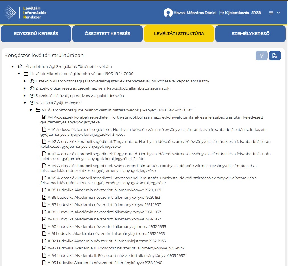 5. ábra. Ugyanaz a 4.1. fond tudományos kutatói hozzáféréssel: a fond alatt megjelennek az egyes leírási egységek. (Forrás: LIR – a fejezet szerzőjének képernyőképe, elérve: 2026. 09. 02.)