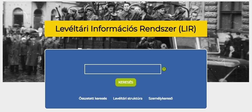 6. ábra. A LIR kezdőoldala az egyszerű kereséssel. A keresőmező alatt közvetlenül elérhető a másik három működésmód is. (Forrás: LIR – https://lir.abtl.hu/ords/r/abtl/liron/home – a fejezet szerzőjének képernyőképe, elérve: 2026. 09. 02.)