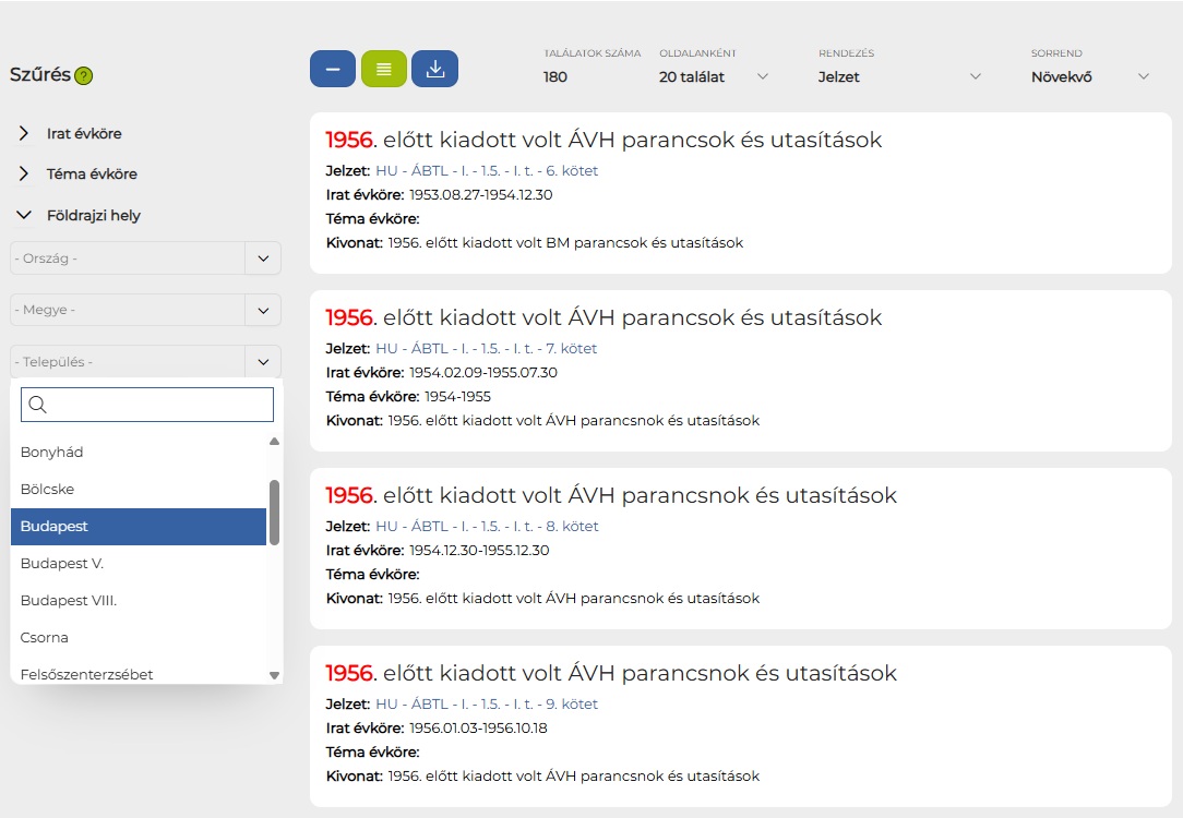 8. ábra. Találati lista a bal oldali dinamikus szűrőkkel. A „település” szűrő csak azokat a helyneveket kínálja fel, amelyek ebben a 180 elemű találathalmazban ténylegesen előfordulnak. (Forrás: LIR – a fejezet szerzőjének képernyőképe, elérve: 2026. 09. 02.)