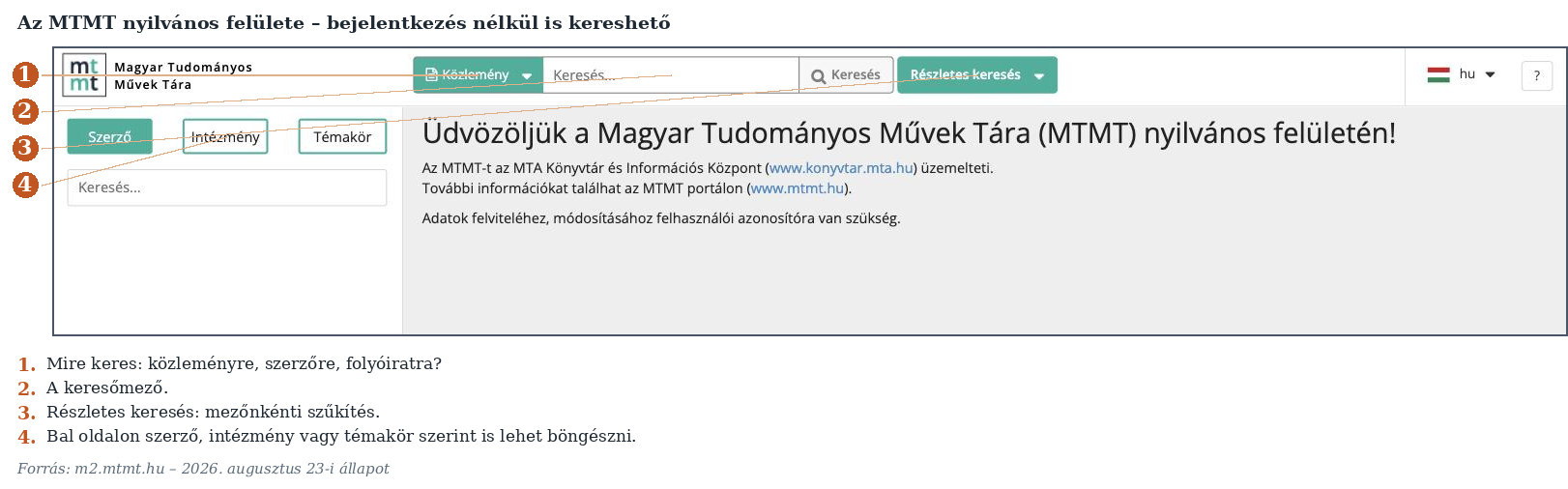 1. ábra. Az MTMT nyilvános felülete – bejelentkezés nélkül is kereshető. (Képernyőkép, 2026. 08. 23.)