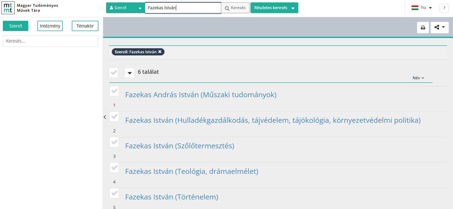 5. ábra. Egyszerű keresés szerzőre, a „Fazekas István” kifejezésre. (Forrás: MTMT szerzőkeresés – elérve: 2026. 08. 06.)