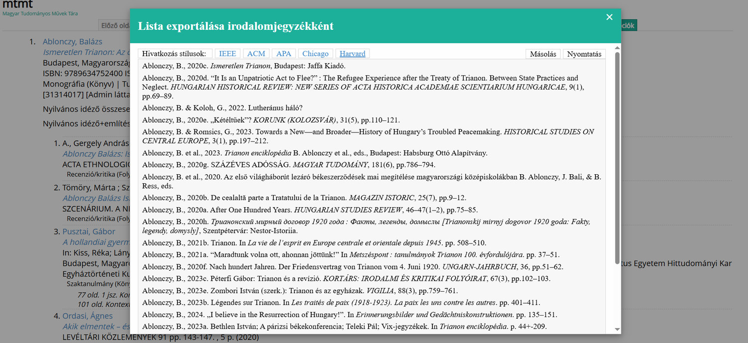16. ábra. Irodalomjegyzék a Harvard hivatkozási szabványnak megfelelően. (Forrás: MTMT publikációs API-lekérdezés – elérve: 2026. 08. 06.)