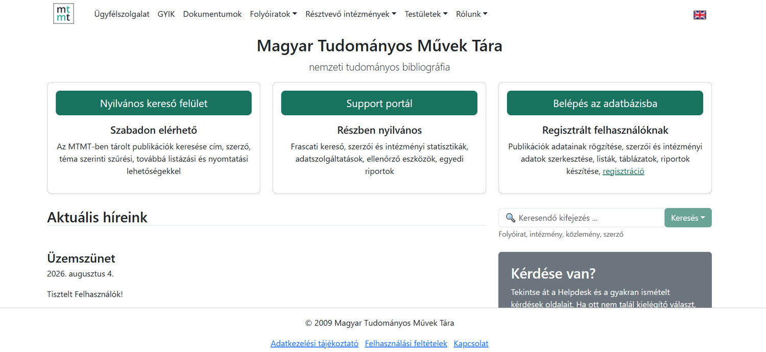 2. ábra. Az MTMT kezdőoldala. (Forrás: https://mtmt.hu/ – elérve: 2026. 08. 06.)