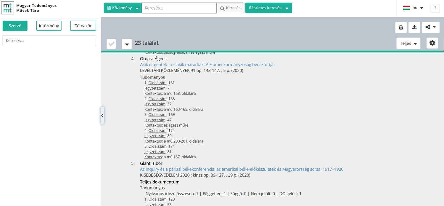 12. ábra. Idézések teljes formátumban. (Forrás: MTMT találati lista – elérve: 2026. 08. 06.)