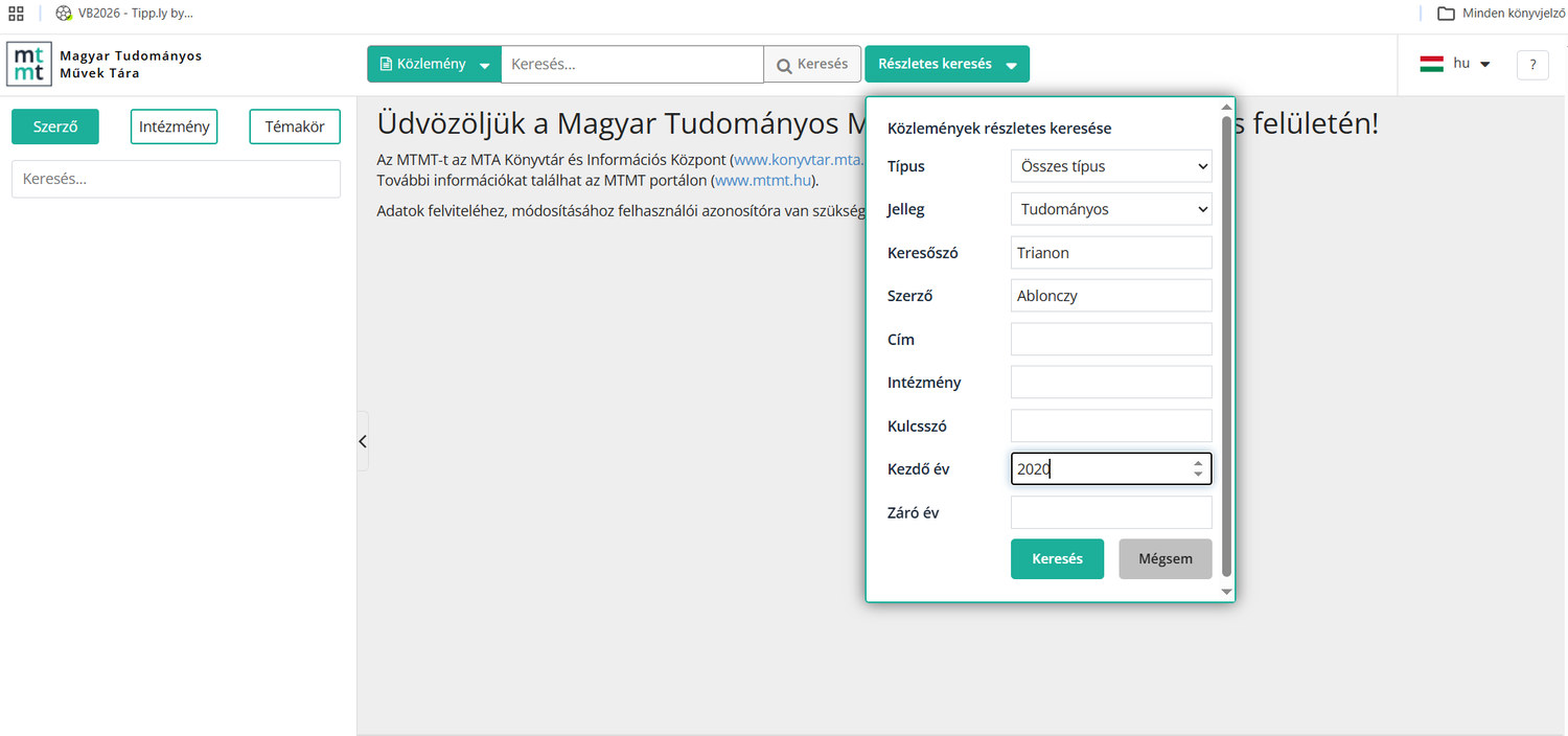 6. ábra. A részletes kereséspanel használata. (Forrás: https://m2.mtmt.hu/gui2 – elérve: 2026. 08. 06.)