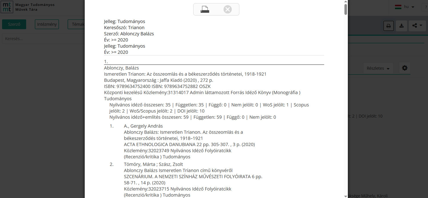 13. ábra. Nyomtatási előkép. (Forrás: MTMT találati lista – elérve: 2026. 08. 06.)