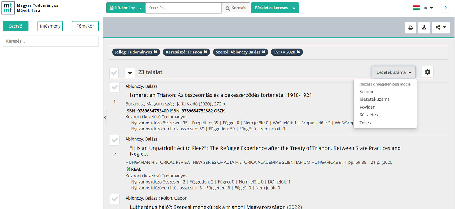 10. ábra. Az „Idézések megjelenítési módjai” fül. (Forrás: MTMT találati lista – elérve: 2026. 08. 06.)