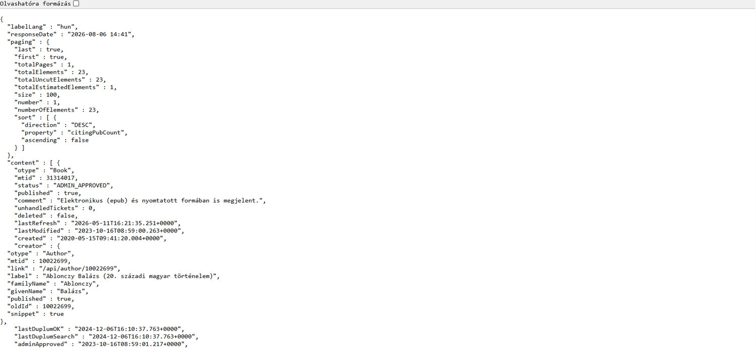 15. ábra. A bibliográfiai lista JSON-kódolással. (Forrás: MTMT publikációs API-lekérdezés – elérve: 2026. 08. 06.)