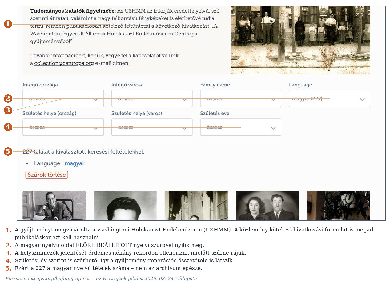 3. ábra. A Centropa Életrajzok keresőfelülete és a kutatóknak szóló közlemény.