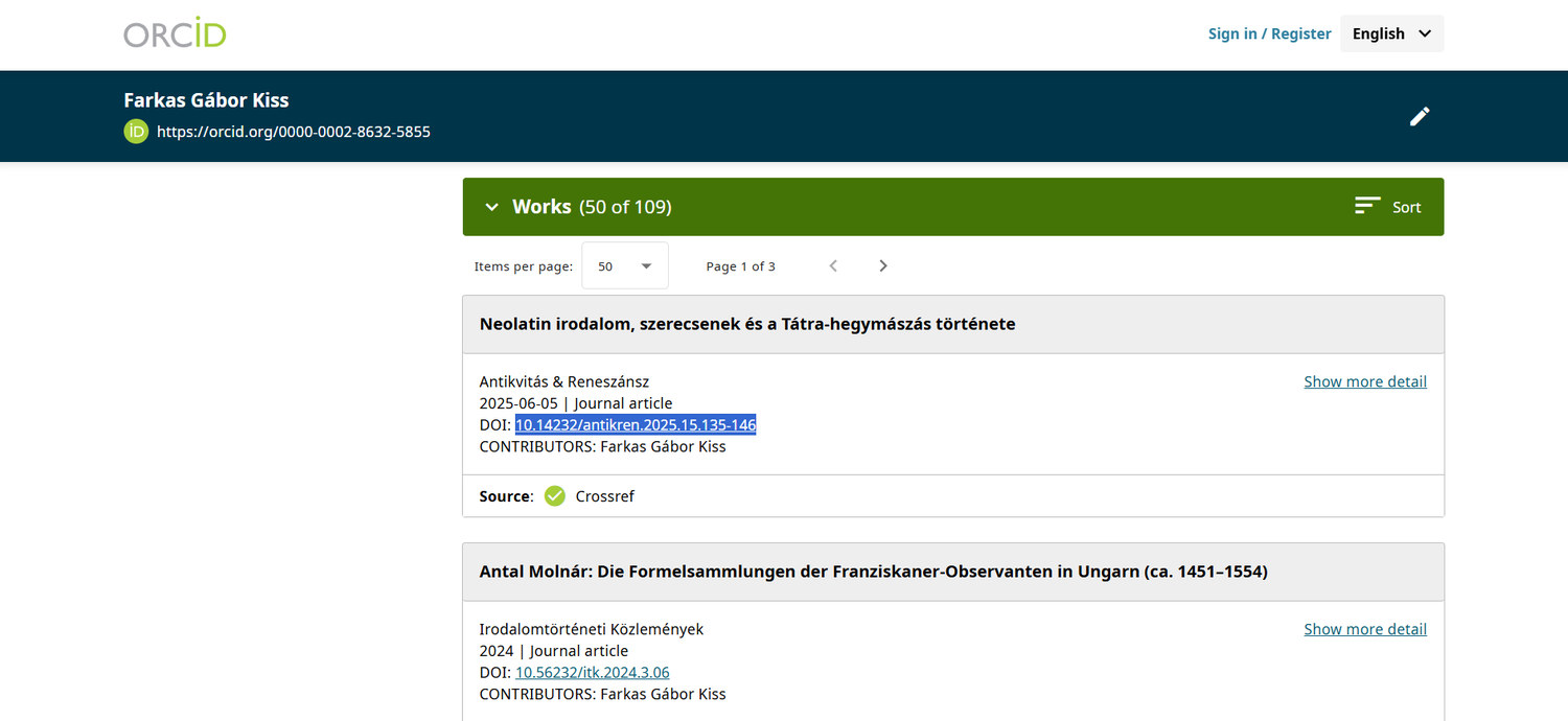 6. ábra. Kiss Farkas Gábor ORCID-profilja és a vonatkozó tanulmány leírása a DOI-azonosítójával. (Forrás: https://orcid.org/0000-0002-8632-5855 – elérve: 2026. 08. 06.)