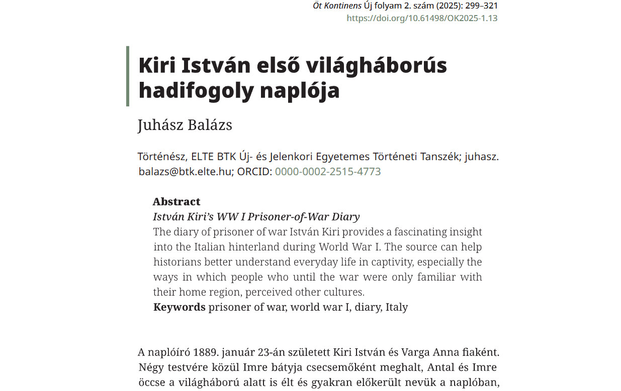 5. ábra. Juhász Balázs egyik tanulmányának bevezetője. A szerző neve, affiliációja és elérhetősége mellett fel van tüntetve a szerzői azonosító (ORCID) is; a jobb felső sarokban pedig magának az írásműnek a DOI-azonosítója. (Forrás: https://ojs.elte.hu/otkontinens/article/view/11874/9877 – elérve: 2026. 08. 06.)