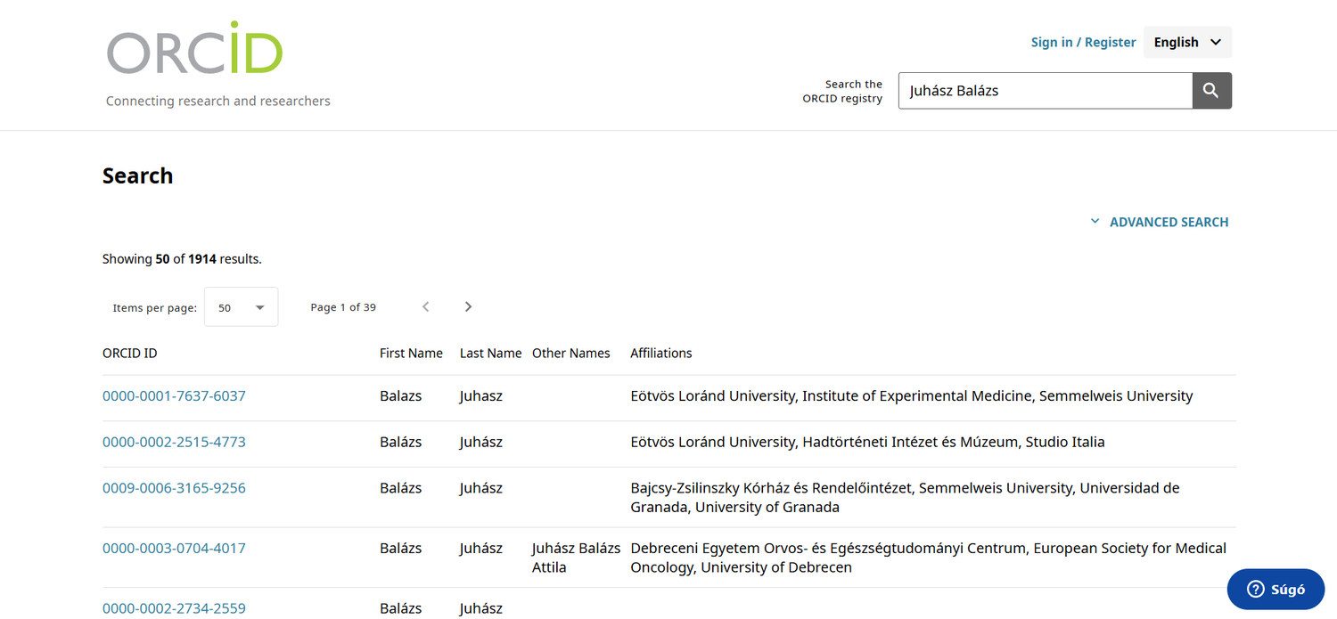 3. ábra. A „Juhász Balázs” keresőszó találati listája az ORCID oldalán. (Forrás: ORCID keresés – elérve: 2026. 08. 06.)