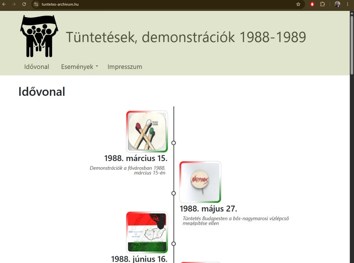 1. ábra. A Tüntetések, demonstrációk 1988–1989 kezdőoldala. (Forrás: https://tuntetes-archivum.hu/ – elérve: 2026. 06. 11.)