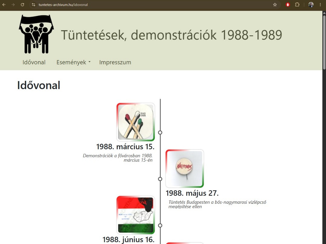 2. ábra. Az idővonal aloldal. (Forrás: https://tuntetes-archivum.hu/idovonal – elérve: 2026. 06. 11.)