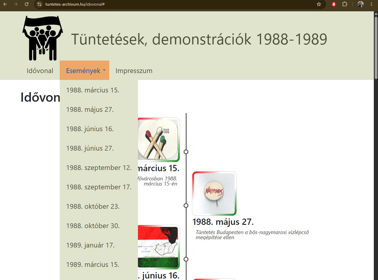 3. ábra. Az Események menüpont. (Nem rendelkezik saját URL-lel.). (Forrás: https://tuntetes-archivum.hu – elérve: 2026. 06. 11.)