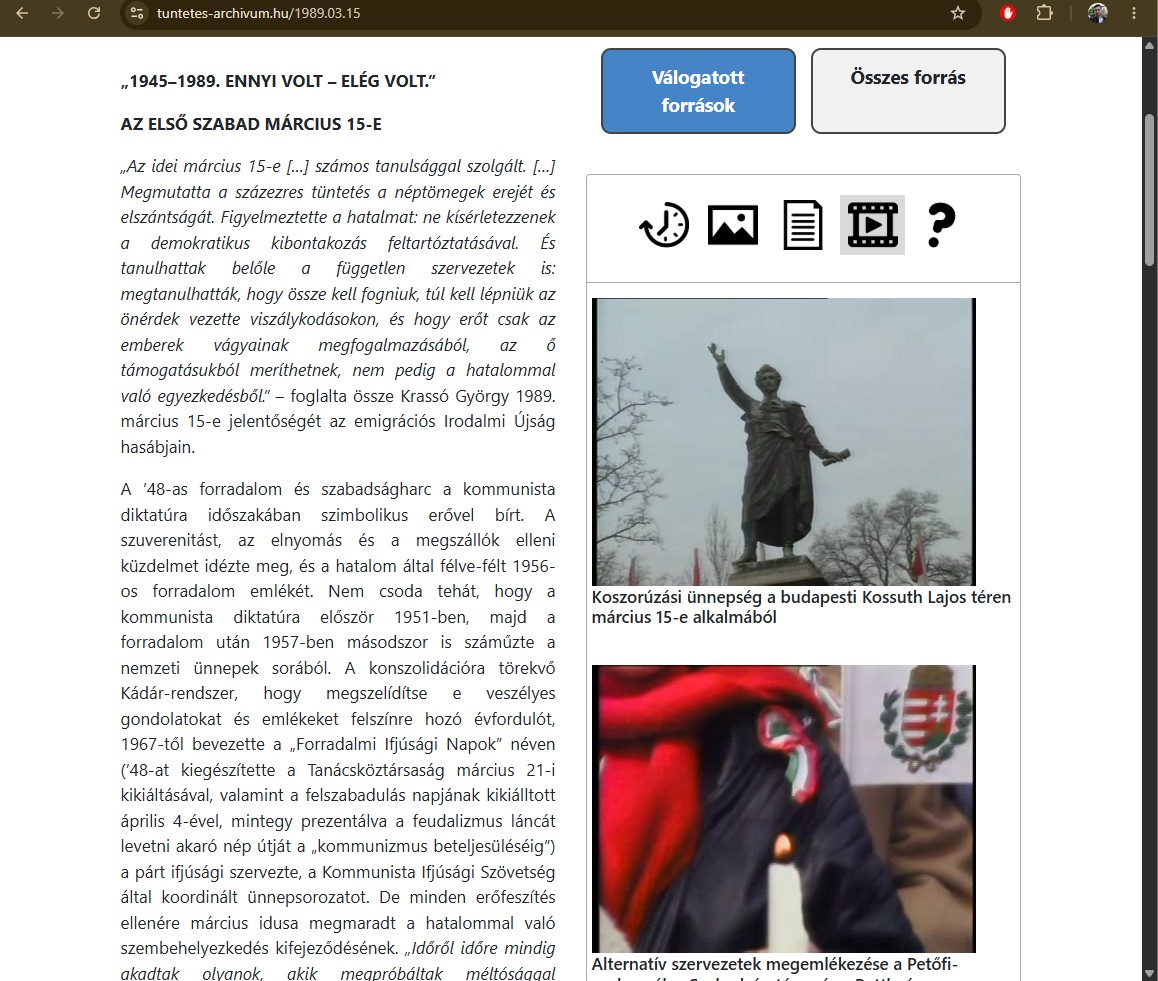 9. ábra. 1989. március 15. – az esemény válogatott videói. (Forrás: https://tuntetes-archivum.hu/1989.03.15 – elérve: 2026. 06. 11.)