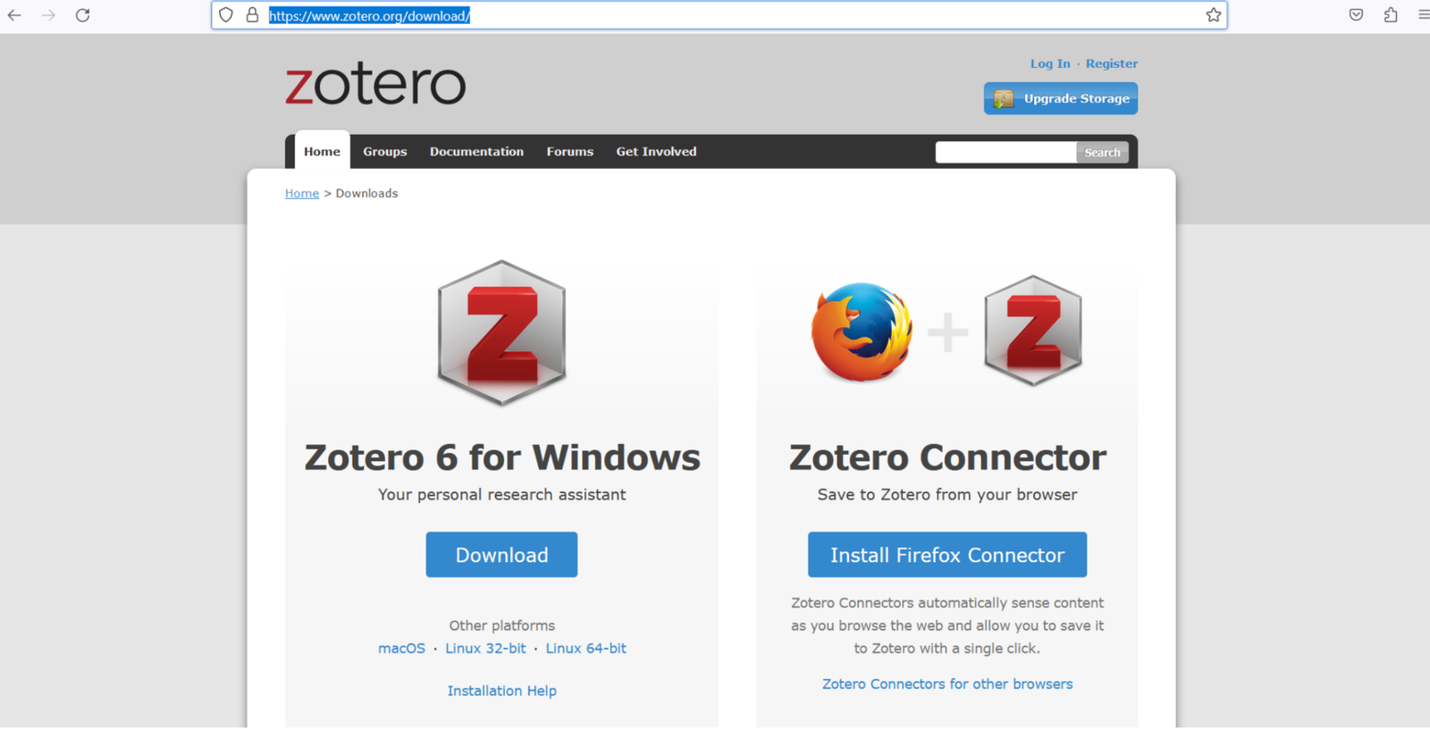 2. ábra. A Zotero letöltőoldala. A bal oldali gomb magát a programot, a jobb oldali a böngészőbővítményt (Zotero Connector) tölti le – mindkettőre szükség van. (Képernyőkép, Zotero 6.)