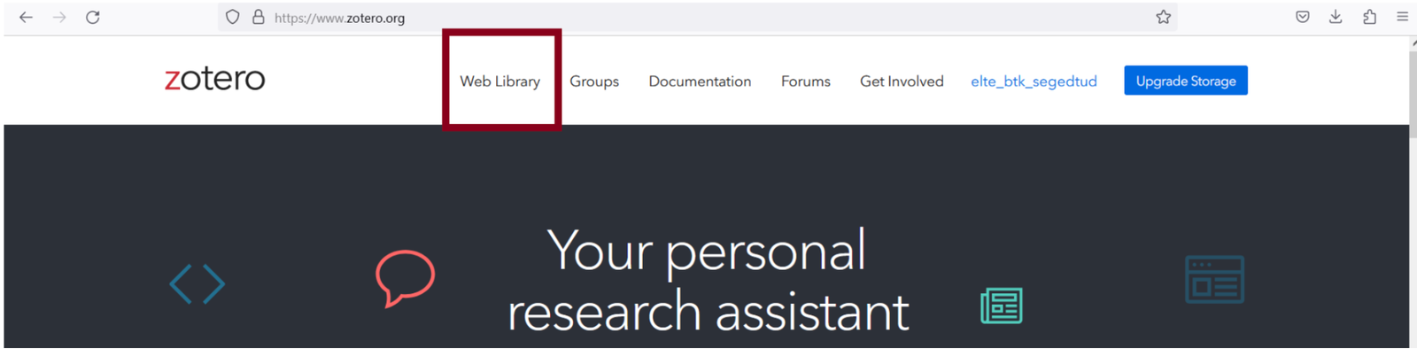 4. ábra. A zotero.org menüsávja belépés után. A Web Library menüpont vezet a felhőbe szinkronizált könyvtárhoz; mellette jobbra a saját felhasználónév látszik. (Képernyőkép, Zotero 6.)