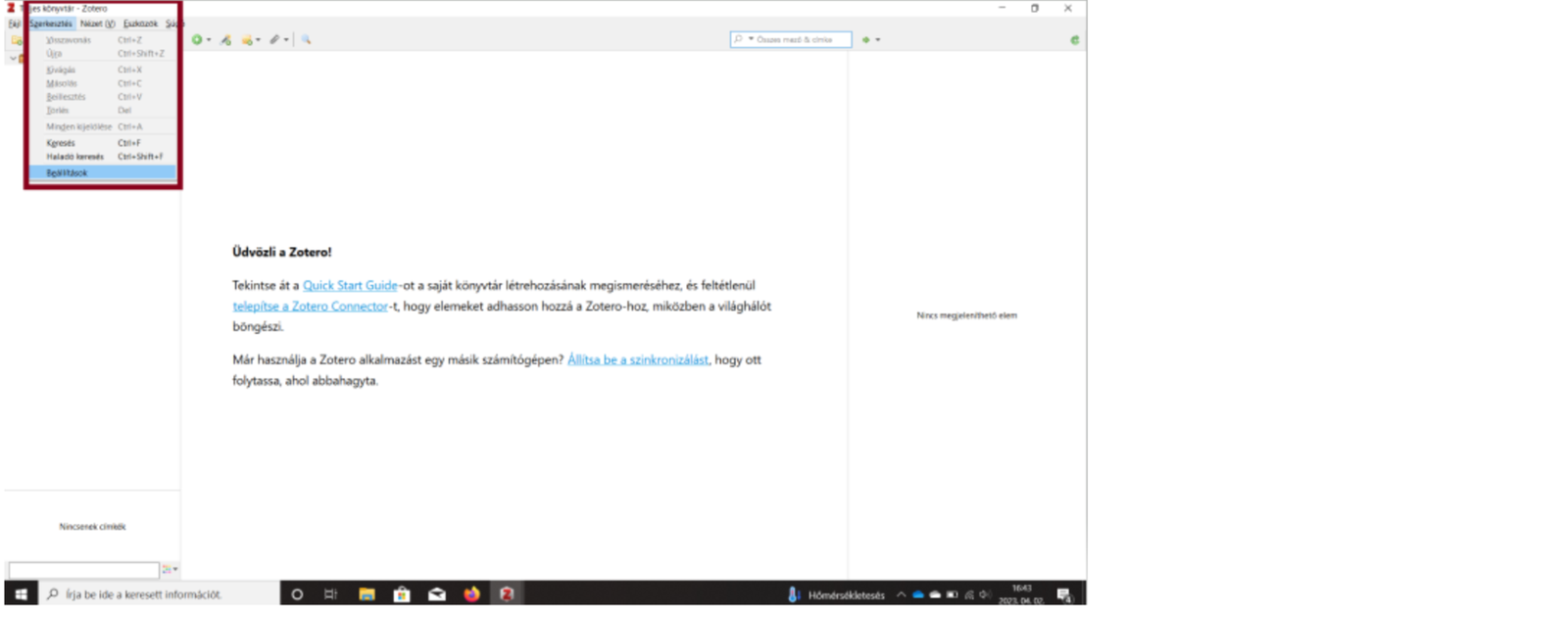 7. ábra. Első lépés: a Szerkesztés menü Beállítások menüpontja. (Képernyőkép, Zotero 6.)