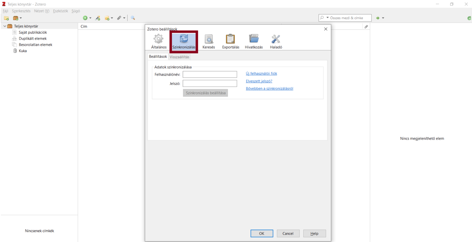 10. ábra. A Szinkronizálás fül a Zotero beállításai között. Ide kerül az online regisztrációnál megadott felhasználónév és jelszó. (Képernyőkép, Zotero 6.)