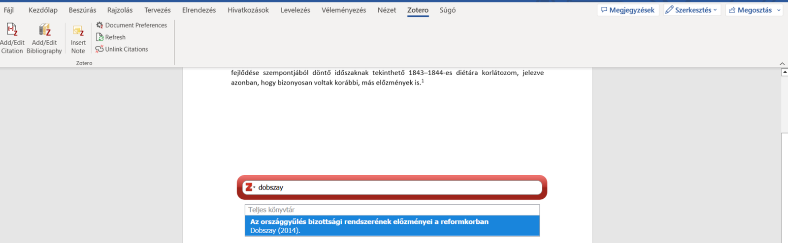 18. ábra. A klasszikus helyett a gyorskeresős beviteli sáv: a szerző nevének beírására a Zotero felajánlja a könyvtár találatait. (Képernyőkép, Zotero 6.)