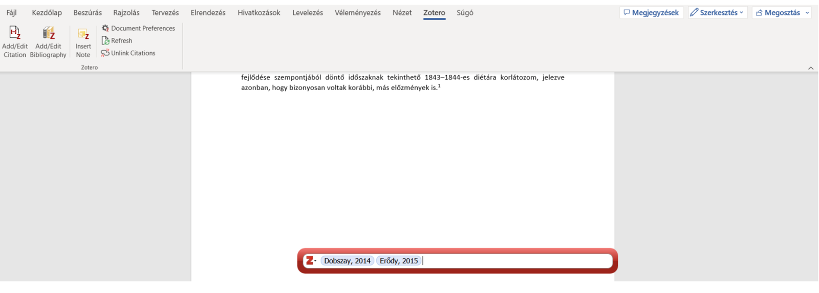 19. ábra. Ugyanabba a jegyzetbe több hivatkozás is tehető: a beviteli sávban egymás mellett áll a két kiválasztott tétel. (Képernyőkép, Zotero 6.)