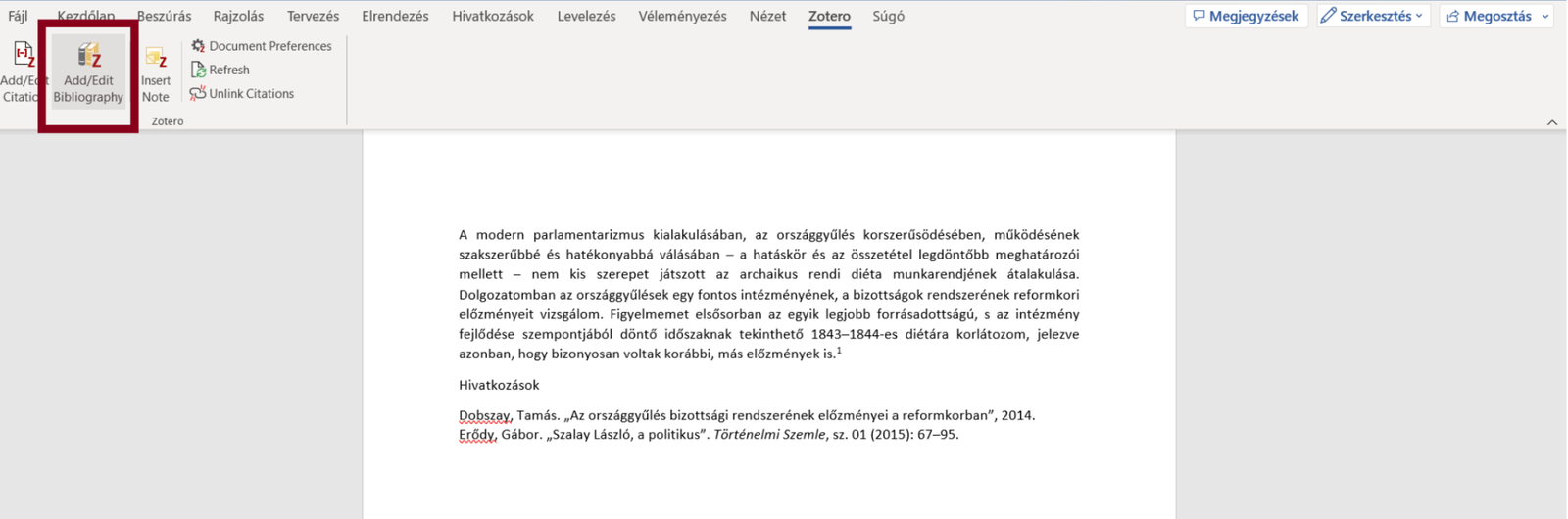 20. ábra. Az Add/Edit Bibliography gombbal a Zotero a dokumentum végére beszúrja a beállított stílusú irodalomjegyzéket. (Képernyőkép, Zotero 6.)
